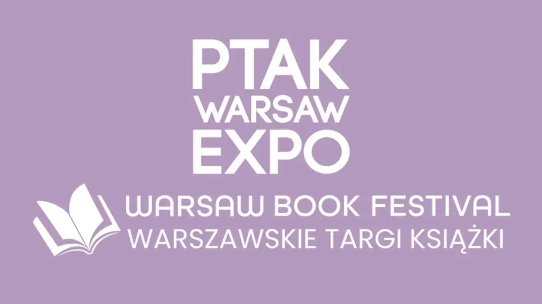 The logo for Ptak Warsaw Expo, with 'Ptak Warsaw Expo' in large white text and below it, 'Warsaw Book Festival Warszawskie Targi Książki' next to a white open book icon, all on a light purple background.