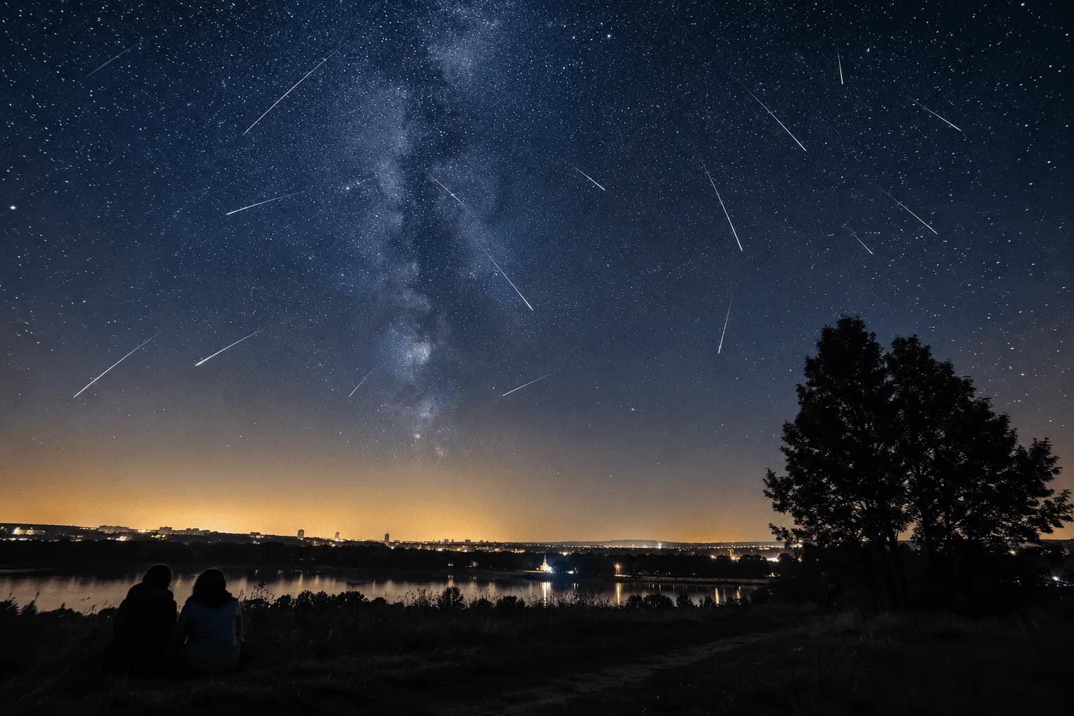Two silhouetted figures sit on a hilltop overlooking a city skyline and body of water under a dark night sky filled with stars, the Milky Way, and numerous streaking meteors from a shower.