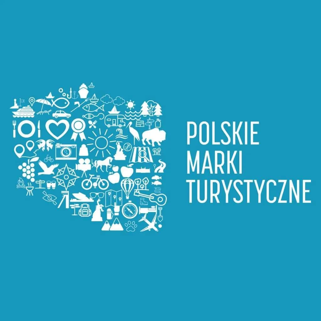 White icon collage resembling the map of Poland with the text "POLSKIE MARKI TURYSTYCZNE" on a blue background, representing Polish tourism brands.