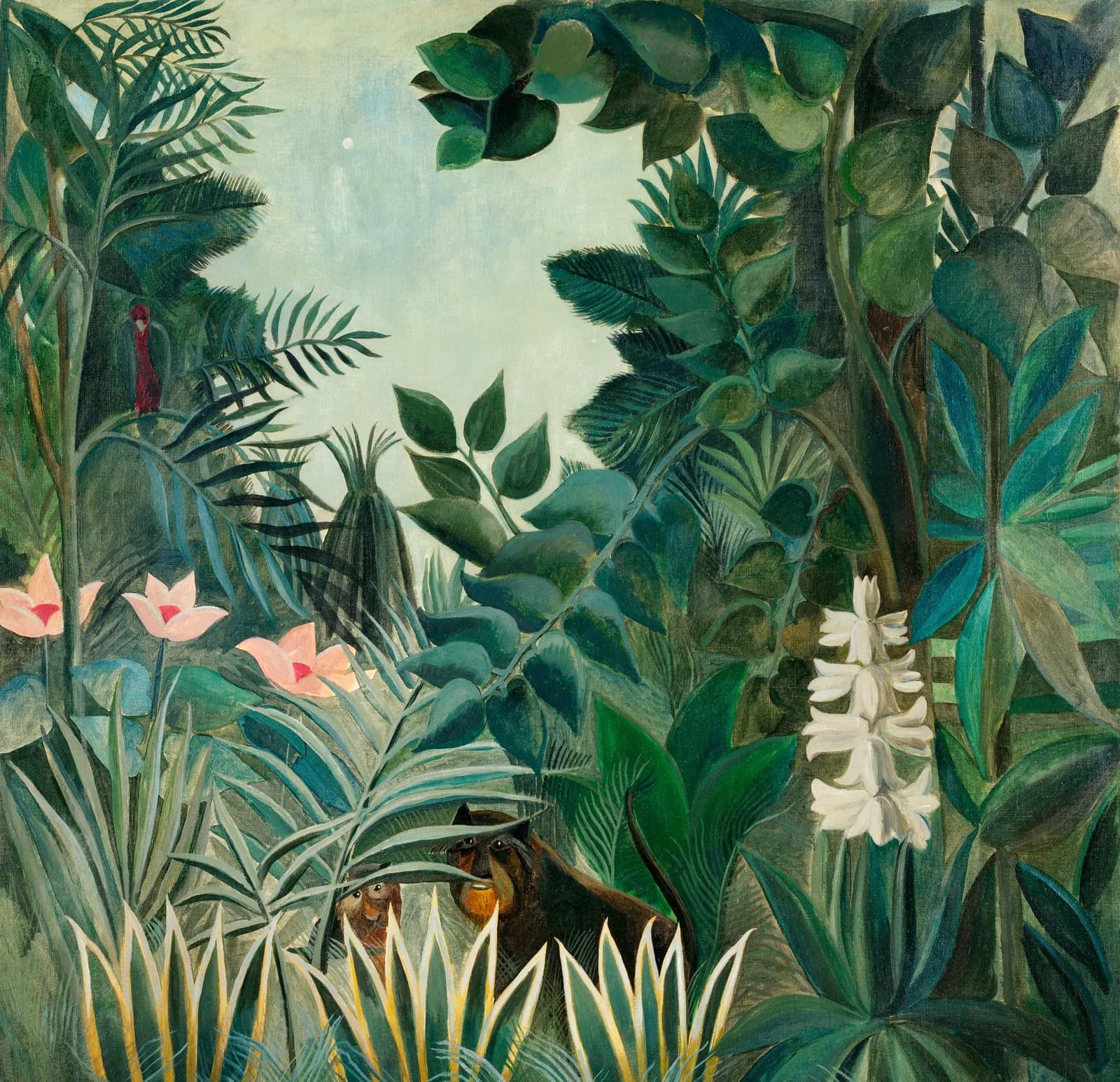 A painting depicting two monkeys hidden among lush green jungle foliage, with light pink flowers and white flowers also visible.