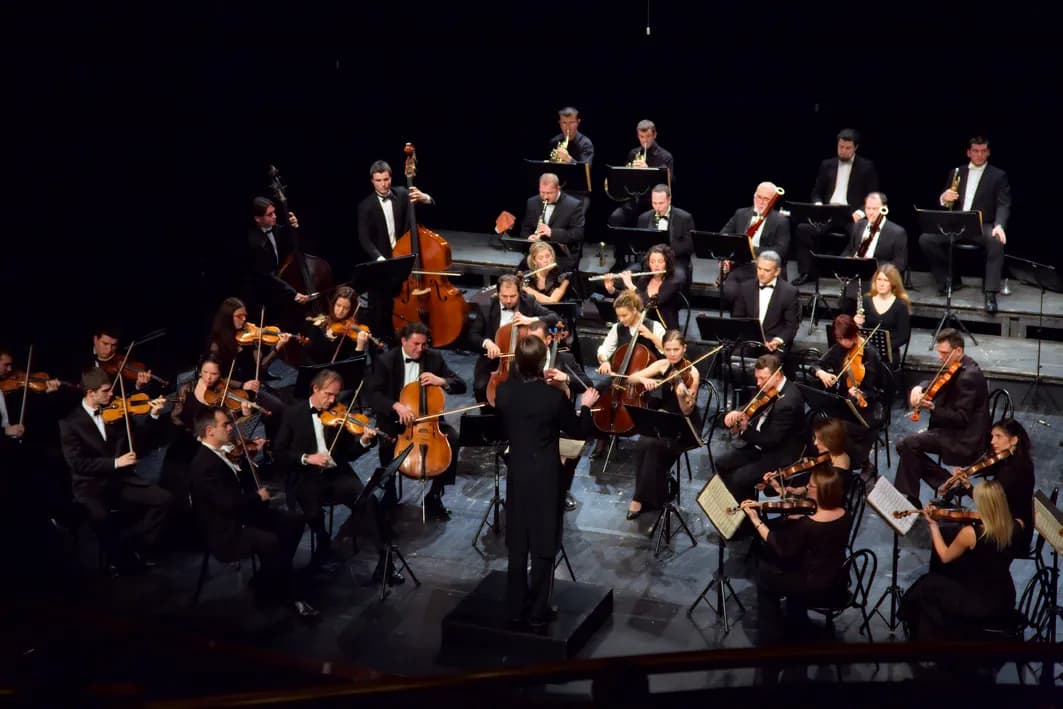 An orchestra performs on a stage, with the conductor visible from the back in the foreground.